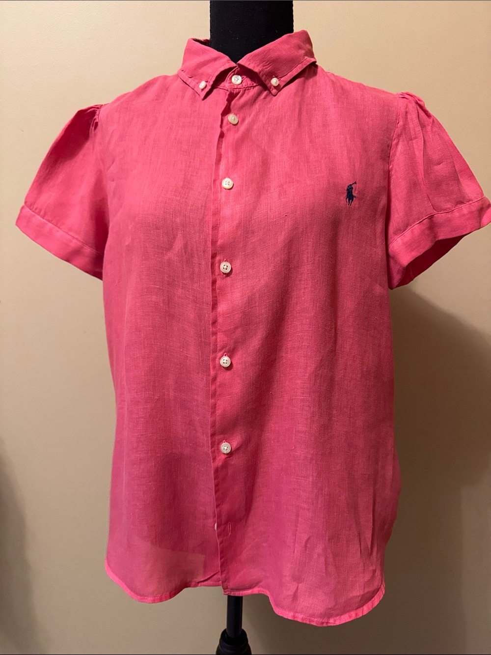 Ralph Lauren Pink Button-Front Linen Short-Sleeve Blouse
